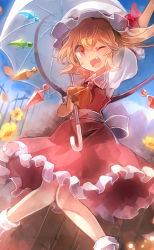 Rule 34 | 1girl, 60mai, ;d, arm up, ascot, blonde hair, blush, crystal, day, fangs, flandre scarlet, frilled skirt, frills, hat, hat ribbon, holding, holding umbrella, knees together feet apart, looking at viewer, mob cap, one eye closed, open mouth, outdoors, puffy short sleeves, puffy sleeves, red eyes, red ribbon, red skirt, red vest, ribbon, sash, short sleeves, side ponytail, skirt, skirt set, smile, solo, touhou, umbrella, vest, wings
