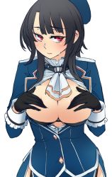 Rule 34 | 1girl, ascot, black gloves, black hair, blue hat, breasts, cleavage, commentary request, covering breasts, covering privates, cowboy shot, gloves, hat, kantai collection, large breasts, looking at viewer, military, military uniform, no bra, open clothes, red eyes, short hair, simple background, solo, takao (kancolle), udukikosuke, uniform, white ascot, white background