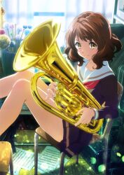 1girl absurdres bare_legs brown_hair brown_serafuku brown_shirt brown_skirt closed_mouth euphonium from_side hibike!_euphonium highres holding holding_instrument indoors instrument kitauji_high_school_uniform long_hair long_sleeves miniskirt neckerchief official_art oumae_kumiko pleated_skirt red_neckerchief sailor_collar school_uniform serafuku shirt sitting skirt smile solo straight_hair wavy_hair white_sailor_collar yellow_eyes