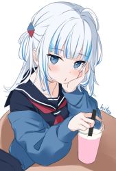 Rule 34 | 1girl, ahoge, blue eyes, blue hair, collared shirt, cup, disposable cup, gawr gura, hand on own cheek, hand on own face, highres, hitsukuya, hololive, hololive english, looking at viewer, medium hair, multicolored hair, school uniform, shirt, short twintails, sitting, solo, streaked hair, twintails, virtual youtuber, white hair