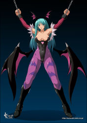 Rule 34 | 1girl, animal print, arms up, bare shoulders, bat print, bat wings, bdsm, blush, bondage, bound, bound wrists, breasts, cameltoe, capcom, chain, chained wrists, cleavage, covered navel, cuffs, demon girl, elbow gloves, gloves, green eyes, green hair, head wings, latex, leotard, long hair, matching hair/eyes, morrigan aensland, nail polish, nyanko batake, pantyhose, print pantyhose, shackles, shiny clothes, skin tight, solo, spandex, standing, vampire (game), wings
