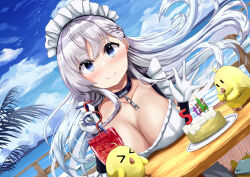 Rule 34 | &gt; &lt;, 1girl, absurdres, azur lane, belfast (azur lane), blue eyes, breast rest, breasts, breasts on table, cake, candle, cellphone, cleavage, cup, day, drinking glass, drinking straw, dutch angle, food, gloves, highres, jelilianamiku, large breasts, looking at viewer, maid headdress, manjuu (azur lane), outdoors, phone, pov across table, smartphone, table, water, white gloves, white hair, wooden table