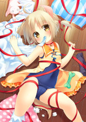 Rule 34 | 1girl, animal ears, bell, blonde hair, choker, dog ears, dog tail, highres, lying, mouth hold, natsuka (unagi-unagi-unagi), neck bell, old school swimsuit, on back, one-piece swimsuit, original, polka dot pillow, school swimsuit, short hair, solo, stuffed animal, stuffed rabbit, stuffed toy, swimsuit, swimsuit under clothes, tail, yellow eyes
