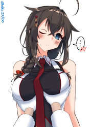 Rule 34 | ..., 1girl, 1other, ahoge, black hair, black shirt, blue eyes, braid, breasts, commentary request, food, gloves, grabbing, grabbing another&#039;s breast, hair flaps, hair over shoulder, highres, kantai collection, large breasts, long hair, looking at viewer, necktie, one eye closed, pov, red necktie, shiba (zudha), shigure (kancolle), shigure kai san (kancolle), shirt, simple background, single braid, sleeveless, sleeveless shirt, spoken ellipsis, twitter username, two-tone shirt, upper body, white background, white gloves