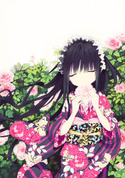 Rule 34 | 1girl, black hair, closed eyes, covering own mouth, flower, hairband, highres, holding, japanese clothes, kimono, lolita hairband, long hair, original, rugo, solo, wind