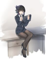 Rule 34 | 1girl, black footwear, black hair, black jacket, black skirt, blue ribbon, breasts, chinese commentary, colored tips, commentary request, crossed legs, full body, girls&#039; frontline, hair ribbon, high heels, holding, holding tablet pc, index finger raised, jacket, large breasts, legs, long sleeves, looking to the side, morridow (girls&#039; frontline), multicolored hair, necktie, office lady, on table, pantyhose, parted lips, partial commentary, purple hair, ribbon, serita07, shirt, short hair, simple background, sitting, skirt, solo, table, tablet pc, white shirt, yellow eyes