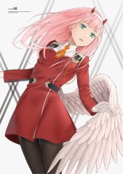 Rule 34 | 10s, 1girl, aqua eyes, black pantyhose, commentary request, darling in the franxx, gloves, hairband, highres, horns, kep (ahokep), long hair, open mouth, orange neckwear, pantyhose, pilot suit, pink hair, red horns, single wing, solo, uniform, white gloves, white hairband, white wings, wings, zero two (darling in the franxx)