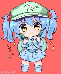 Rule 34 | &gt;:), 1girl, backpack, bag, blue footwear, blue hair, blue shirt, blue skirt, blush, boots, chibi, collared shirt, cucumber, flat cap, frilled shirt collar, frills, green hat, hair bobbles, hair ornament, hat, kawashiro nitori, key, knee boots, long sleeves, medium hair, pocket, puffy sleeves, ramudia (lamyun), red background, shirt, short twintails, skirt, skirt set, smile, solo, touhou, translation request, twintails, twitter username, two side up, v-shaped eyebrows, yellow eyes