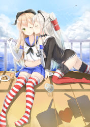 Rule 34 | 10s, 2girls, all fours, amatsukaze (kancolle), anchor hair ornament, bad id, bad pixiv id, bare shoulders, blonde hair, blue skirt, blue sky, blush, closed eyes, day, dress, elbow gloves, glasses, gloves, green eyes, hair ornament, hairband, headgear, highres, kantai collection, kiss, kissing cheek, midriff, multiple girls, neckerchief, no shoes, pleated skirt, railing, red legwear, rensouhou-chan, rensouhou-kun, sailor collar, sailor dress, shadow, shimakaze (kancolle), silver hair, sitting, skirt, sky, striped clothes, striped legwear, striped thighhighs, tailam, thighhighs, two side up, white gloves, yuri, zettai ryouiki