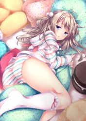 Rule 34 | 1girl, ahoge, ass, bed, bed sheet, blue eyes, blush, brown hair, commentary request, dakimakura (object), from above, hair bobbles, hair ornament, hairclip, highres, hug, hugging object, kneehighs, long hair, long sleeves, looking at viewer, lying, on bed, on side, one side up, open mouth, original, pajamas, panties, panty peek, pillow, pillow hug, ryo (botugo), shorts, sleepy, socks, solo, striped clothes, striped pajamas, striped shorts, underwear, white panties, white socks