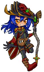 Rule 34 | 1girl, armored boots, blue hair, boots, breasts, cape, chibi, commentary, commission, completionist cape (runescape), completionist cape (t) (runescape), dang (runescape), duellist&#039;s cap (tier 6), english commentary, full body, gloves, glowing hat, hat, holding, holding staff, kawaanago, long hair, orange eyes, original, potion, runescape, simple background, small breasts, smile, solo, spiked ear piercing, staff, staff of armadyl (runescape), standing, weapon, yellow eyes