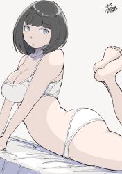 Rule 34 | ass, barefoot, blue eyes, bob cut, bra, breasts, commentary request, hadashi no kenji, highres, looking at viewer, medium breasts, on bed, original, panties, short hair, simple background, underwear, white background, white bra, white panties