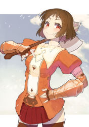 Rule 34 | 1girl, absurdres, axe, bracer, breasts, brown gloves, brown hair, brown thighhighs, cosplay, day, fingerless gloves, gloves, hand on own hip, highres, holding, holding axe, hyouka, ibara mayaka, looking at viewer, outdoors, over shoulder, puffy short sleeves, puffy sleeves, red eyes, red skirt, short sleeves, skirt, small breasts, smile, solo, standing, thighhighs, thomas (aoakumasan)