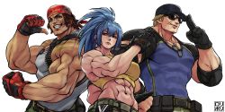 Rule 34 | absurdres, bandana, blouse, blue shirt, clark still, everyone, glasses, hair between eyes, hand on own hip, highres, jamrolypoly, leona heidern, military, military uniform, muscular, muscular female, muscular male, pocket, ralf jones, shirt, simple background, t-shirt, the king of fighters, the king of fighters xv, uniform, white background