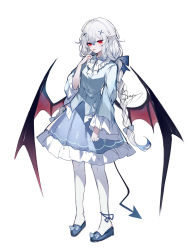 Rule 34 | 1girl, blue footwear, blue shirt, demon tail, demon wings, hand up, highres, long braid, long hair, long sleeves, looking at viewer, original, pantyhose, pointy ears, red eyes, sheya, shirt, shoes, simple background, solo, tail, very long hair, white background, white hair, white pantyhose, wide sleeves, wings