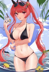 Rule 34 | 1girl, :o, absurdres, azur lane, bare arms, bare shoulders, bikini, black bikini, blurry, blurry foreground, breasts, cherry, cleavage, cloud, collarbone, commentary request, constricted pupils, covered erect nipples, food, fruit, gluteal fold, gumifans, hair ornament, hand up, highres, holding, honolulu (azur lane), honolulu (summer accident?!) (azur lane), ice cream, innertube, island, kiwi (fruit), large breasts, looking at viewer, manjuu (azur lane), mountain, navel, ocean, official alternate costume, open mouth, orange (fruit), orange slice, outdoors, parfait, red eyes, red hair, sky, solo, star (symbol), sunglasses, swim ring, swimsuit, thigh gap, twintails, wading, water, wet, whipped cream