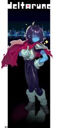 Rule 34 | 1boy, armor, black hair, blue skin, boots, bulge, capelet, colored skin, commentary, copyright name, deltarune, eigaka, expressionless, full body, gloves, hand on own hip, highres, kris (deltarune), male focus, pants, pointing, pointing at viewer, red capelet, shaded face, shoulder armor, signature, skin tight, solo, sparkle, tight clothes, tight pants, white gloves