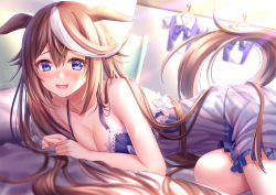 Rule 34 | :d, animal ears, bad id, bad pixiv id, bare arms, bare shoulders, bed sheet, blue eyes, blue panties, blush, breasts, brown hair, camisole, cleavage, collarbone, ears down, frills, horse ears, horse girl, horse tail, indoors, long hair, lying, medium breasts, multicolored hair, navel, on bed, on side, open mouth, panties, school uniform, see-through, smile, solo, streaked hair, tail, tokai teio (umamusume), toshi (1-147), two-tone hair, umamusume, underwear, underwear only, very long hair, white hair