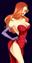 Rule 34 | 1girl, breasts, cleavage, dress, elbow gloves, gloves, highres, jessica rabbit, lipstick, long hair, makeup, red dress, red hair, solo, who framed roger rabbit