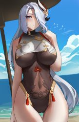 Rule 34 | 1girl, absurdres, bad id, bad pixiv id, bare arms, bare shoulders, blue eyes, blue sky, blush, breasts, closed mouth, cowboy shot, genshin impact, grey hair, hair ornament, hand up, highres, large breasts, leotard, long hair, looking at viewer, outdoors, shenhe (genshin impact), shikube, sky, solo, thigh gap