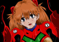 Rule 34 | 1girl, absurdres, blue eyes, bodysuit, breasts, breath, brown hair, eywy4324, grabbing, hair between eyes, hair ornament, highres, light blush, lips, long hair, looking at another, medium breasts, neon genesis evangelion, open mouth, pilot suit, plugsuit, red bodysuit, sexually suggestive, shiny clothes, shiny skin, simple background, solo, souryuu asuka langley, sweat, translation request, two side up, upper body, very long hair