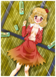 Rule 34 | 1girl, @ @, aki shizuha, blonde hair, blush, bottle, breasts, cleavage, drunk, female focus, hair ornament, leaf, leaf hair ornament, lying, no bra, on back, open clothes, open mouth, open shirt, pink eyes, red eyes, shirt, skirt, solo, suzuka tamuro, touhou