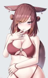 Rule 34 | 1girl, bikini, blue eyes, blush, breasts, cleavage, closed mouth, commission, final fantasy, final fantasy xiv, grey background, highres, jewelry, large breasts, looking at viewer, medium hair, miqo&#039;te, o-ring, pixiv commission, red bikini, red hair, ring, rot lapin, simple background, smile, solo, swimsuit, tail, warrior of light (ff14)
