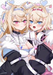 Rule 34 | 2girls, animal ear fluff, animal ears, bandaid, bandaid hair ornament, belt collar, black collar, black jacket, blonde hair, blue eyes, blue hair, breasts, cleavage, collar, cropped jacket, cropped shirt, dog ears, dog girl, dress, flat chest, fur-trimmed jacket, fur trim, fuwawa abyssgard, fuwawa abyssgard (1st costume), hair between eyes, hair ornament, hairpin, headphones, headphones around neck, heart, heart background, highres, hololive, hololive english, jacket, large breasts, long hair, long sleeves, looking at viewer, mococo abyssgard, mococo abyssgard (1st costume), multicolored hair, multiple girls, open mouth, pink hair, red eyes, shirt, short hair, siblings, sisters, smile, spiked collar, spikes, streaked hair, twins, ute (perouthi), virtual youtuber, white dress, white shirt, x hair ornament