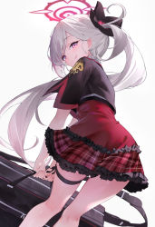 Rule 34 | 1girl, :p, absurdres, black bag, blue archive, blush, flower, frilled skirt, frills, grey hair, hair flower, hair ornament, halo, highres, holding, isaya (pixiv4541633), long hair, looking at viewer, mutsuki (blue archive), plaid, plaid skirt, pointy ears, purple eyes, shirt, side ponytail, simple background, skirt, smile, solo, thigh strap, tongue, tongue out, very long hair, white background, white hair
