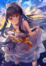 Rule 34 | 1girl, bare arms, bare shoulders, black hair, blush, bow, bracelet, breasts, cleavage, closed mouth, cloud, cloudy sky, commentary request, dress, dutch angle, hair bow, highres, horizon, jewelry, long hair, medium breasts, ocean, orange bow, orange eyes, original, ponytail, skirt hold, sky, sleeveless, sleeveless dress, smile, solo, sparkle, standing, star (sky), sunset, torokeru none, very long hair, wading, water, water drop, white bow, white dress