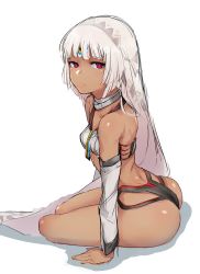Rule 34 | 10s, 1girl, absurdres, altera (fate), arm support, ass, bad id, bad tumblr id, bare shoulders, blunt bangs, bra, breasts, choker, closed mouth, dark-skinned female, dark skin, detached sleeves, fate/extella, fate/extra, fate (series), from side, highres, hometa, long hair, looking at viewer, pink eyes, revealing clothes, simple background, sitting, sketch, small breasts, solo, underwear, very long hair, white background, white bra, white choker, white hair, yokozuwari