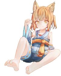 Rule 34 | 1girl, animal ears, armpits, bare legs, bare shoulders, barefoot, brown hair, chaosexceed, collarbone, detached sleeves, dot nose, full body, hand up, highres, japanese clothes, jewelry, kimono, necklace, no shoes, original, shorts, sitting, smile, soles, toenails, toes, yellow eyes