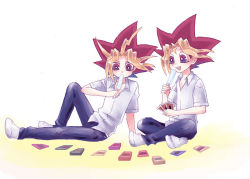 Rule 34 | 2boys, card, deck of cards, denim, dual persona, dyed bangs, food, holding, holding card, jeans, male focus, multiple boys, muto yugi, pants, pile of cards, popsicle, socks, yami yugi, yu-gi-oh!, yu-gi-oh! duel monsters