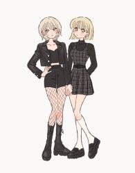 Rule 34 | 2girls, arm behind back, belt, black belt, black footwear, black jacket, black shirt, black shorts, blonde hair, blunt bangs, blunt ends, blush, bob cut, boots, bright pupils, casual, collarbone, commentary, crop top, cropped jacket, cross-laced footwear, earrings, fashion, fishnet pantyhose, fishnets, full body, goth fashion, grey eyes, grey hair, grey skirt, hand on own hip, highres, holding hands, jacket, jewelry, knee boots, kneehighs, lapels, long sleeves, looking to the side, makeup, mall goth, multiple girls, notched lapels, open clothes, open jacket, original, pantyhose, plaid, plaid skirt, red lips, retro artstyle, rikuwo, shirt, shoes, short hair, shorts, side-by-side, simple background, skirt, skirt set, socks, standing, turtleneck, white background, white pupils, white socks