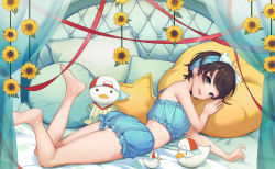 Rule 34 | 1girl, absurdres, aqua eyes, bare legs, barefoot, baseball cap, bed, black hair, blue hairband, blue shirt, blue shorts, blush, bow hairband, commentary, crop top, curtains, flower, from side, full body, hairband, hat, highres, hololive, looking at viewer, looking to the side, lying, on bed, on stomach, oozora subaru, open mouth, panties, panty peek, pillow, red ribbon, ribbon, shirt, short hair, short shorts, shorts, shyi, smile, solo, stuffed animal, stuffed duck, stuffed toy, subaru duck, sunflower, underwear, virtual youtuber, yellow flower