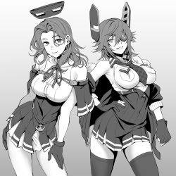 Rule 34 | 2girls, black background, blouse, breast pocket, capelet, checkered clothes, checkered necktie, collared shirt, cowboy shot, eyepatch, forehead, fur-trimmed jacket, fur trim, gloves, gradient background, greyscale, hair between eyes, hair intakes, halo, headgear, high-waist skirt, highres, jacket, kantai collection, lips, looking at viewer, mechanical halo, medium hair, monochrome, multiple girls, necktie, open clothes, open jacket, partially fingerless gloves, pocket, shingyou (alexander-13), shirt, short hair, skirt, sleeveless, sleeveless shirt, tatsuta (kancolle), tatsuta kai ni (kancolle), tenryuu (kancolle), tenryuu kai ni (kancolle), thighhighs