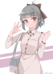 Rule 34 | 1girl, absurdres, ahoge, akashi (kancolle), akashi (kancolle) (cosplay), alternate costume, bag, bow, bracelet, casual, collared shirt, commentary request, cosplay, grey eyes, grey hair, hair bow, highres, jewelry, kantai collection, long sleeves, looking at viewer, medium hair, ponytail, shirt, shoulder bag, sidelocks, smile, solo, twitter username, upper body, uut, yuubari (kancolle)
