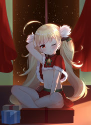 Rule 34 | 1girl, ;o, ahoge, arm behind head, arm support, arm up, azur lane, bell, blonde hair, blunt bangs, blush, bow, box, capelet, christmas, commentary request, crossed legs, curtains, eldridge (azur lane), eldridge (holy night&#039;s embrace) (azur lane), fur-trimmed capelet, fur trim, gift, gift box, green bow, hair ornament, head tilt, indoors, linhe de chuangzi, long hair, looking at viewer, night, night sky, one eye closed, parted lips, red capelet, red eyes, red skirt, sitting, skirt, sky, solo, star (sky), starry sky, twintails, very long hair
