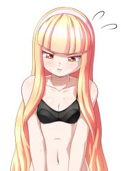 Rule 34 | 1girl, absurdres, black bra, blonde hair, blunt bangs, bra, breast conscious, breasts, breasts squeezed together, cleavage, commentary, english commentary, hairband, highres, long hair, multiple moles, navel, orange eyes, original, pout, scarletknives-x, simple background, small breasts, solo, underwear, very long hair, white background, white hairband