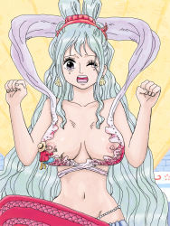 Rule 34 | 1boy, 1girl, blue hair, bra, breast sucking, clenched hand, covered erect nipples, earrings, giant, giantess, groin, hat, jeljuel, jewelry, lingerie, long hair, mermaid, midriff, monkey d. luffy, monster girl, nipples, one eye closed, one piece, open mouth, shirahoshi, solo focus, straw hat, tears, underwear, wink