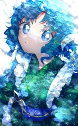 Rule 34 | 1girl, :o, air bubble, bloom, blue eyes, blue hair, blue sash, blue theme, blurry, bubble, caustics, depth of field, drill hair, drill sidelocks, fins, frilled kimono, frills, from side, green kimono, head fins, highres, itomugi-kun, japanese clothes, kimono, looking at viewer, looking up, obi, obijime, parted lips, sash, short hair, sidelocks, solo, tareme, touhou, underwater, upper body, wakasagihime, white background