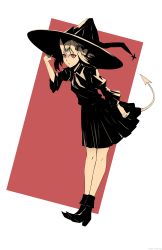 Rule 34 | 1girl, arsenixc, commentary, demon tail, full body, hair between eyes, hand on headwear, hat, high heels, highres, horns, leaning forward, legs together, limited palette, long sleeves, looking at viewer, medium hair, neckerchief, oni, oni horns, original, parted lips, pleated skirt, pointy footwear, red background, red eyes, school uniform, serafuku, shoes, skirt, slit pupils, solo, standing, tail, wide sleeves, witch hat
