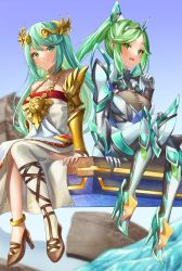 Rule 34 | 2girls, absurdres, alternate hairstyle, ancient greek clothes, armlet, belt, breasts, chest jewel, chiton, cosplay, costume switch, crossover, dress, earrings, female focus, forehead jewel, gloves, green eyes, green hair, hairstyle switch, high heels, highres, jewelry, kid icarus, large breasts, laurel crown, long hair, matching hair/eyes, multiple belts, multiple girls, nintendo, palutena, pendant, pneuma (xenoblade), ponytail, sandals, side slit, single thighhigh, sitting, strapless, strapless dress, super smash bros., swept bangs, thighhighs, tiara, trait connection, vambraces, very long hair, white-paka, xenoblade chronicles (series), xenoblade chronicles 2