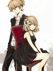 Rule 34 | 1boy, 1girl, alternate costume, blonde hair, brother and sister, chair, formal, kagamine len, kagamine rin, rinko (41r), short hair, siblings, sitting, tomoko, twins, vocaloid