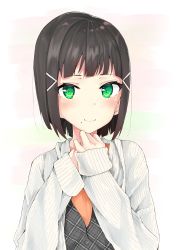 Rule 34 | 1girl, absurdres, alternate hair length, alternate hairstyle, bad id, bad pixiv id, black hair, blush, bob cut, cardigan, clenched hands, commentary request, flat (joppin karu!), green eyes, hair ornament, hairclip, highres, kurosawa dia, light blush, long sleeves, looking at viewer, love live!, love live! sunshine!!, mole, mole under mouth, own hands together, plaid, ribbed sweater, short hair, sleeves past wrists, smile, solo, sweater, upper body