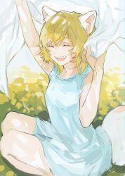 Rule 34 | 1girl, animal ears, arm up, bed sheet, blonde hair, blue dress, breasts, commentary request, dress, facing to the side, facing viewer, feet out of frame, from side, hand up, highres, holding, holding sheet, makoto (roketto-massyumaro), medium hair, napoli no otokotachi, open mouth, pele (napoli no otokotachi), sleeveless, sleeveless dress, small breasts, smile, solo, squatting, sunlight, tail