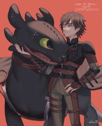 Rule 34 | 1boy, brown hair, colored sclera, copyright name, dragon, green eyes, green sclera, hand on own hip, hiccup horrendous haddock iii, how to train your dragon, kirudai, leather armor, looking at another, male focus, one eye closed, red background, signature, simple background, smile, standing, toothless, vambraces