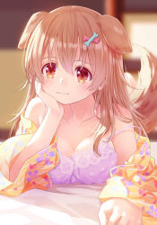 Rule 34 | 1girl, 54hao, animal ears, bare shoulders, blurry, blurry background, bone hair ornament, breasts, brown hair, cartoon bone, cleavage, closed mouth, collarbone, depth of field, dog ears, dog girl, dog tail, dress, floral print, hair between eyes, hair ornament, hand up, highres, hololive, inugami korone, long hair, long sleeves, lying, medium breasts, on stomach, purple dress, red eyes, smile, solo, strap slip, tail, virtual youtuber, wide sleeves