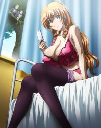 Rule 34 | 1girl, absurdres, bed, bra, breasts, cellphone, character request, cleavage, covered erect nipples, curtains, highres, huge breasts, lingerie, maken-ki!, ooyama takeru, open mouth, phone, sitting, smile, stitched, strap gap, takami akio, thighhighs, third-party edit, underwear, usui kengo, voyeurism, window