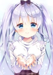 Rule 34 | ahoge, blue eyes, blush, bow, braid, commentary request, cupping hands, frills, hair bow, highres, kuune rin, light purple hair, long hair, original, own hands together, plaid, smile, snowflakes, solo, turtleneck, twintails, twintails day
